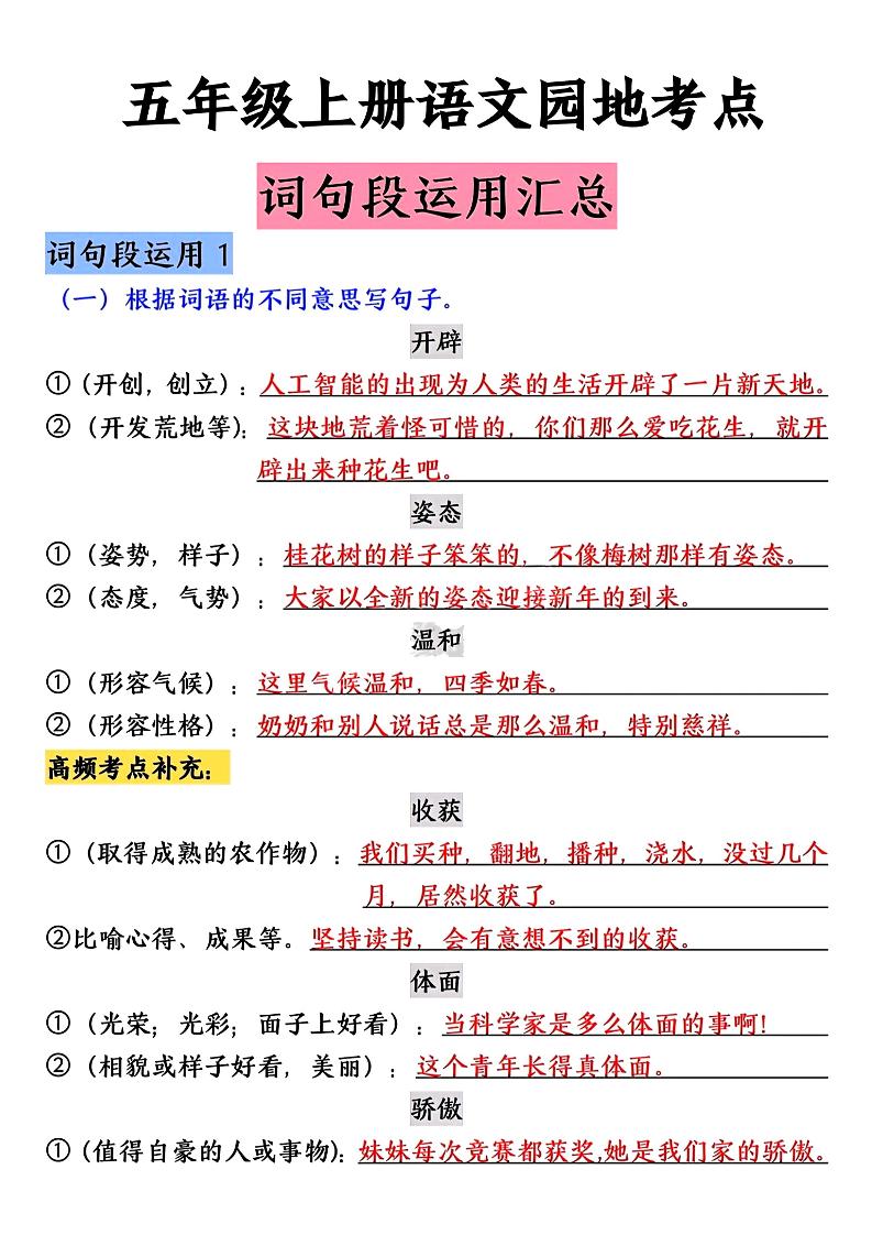 【语文园地考点词句段运用汇总】五上语文_练习题|试卷|知识点|复习提纲