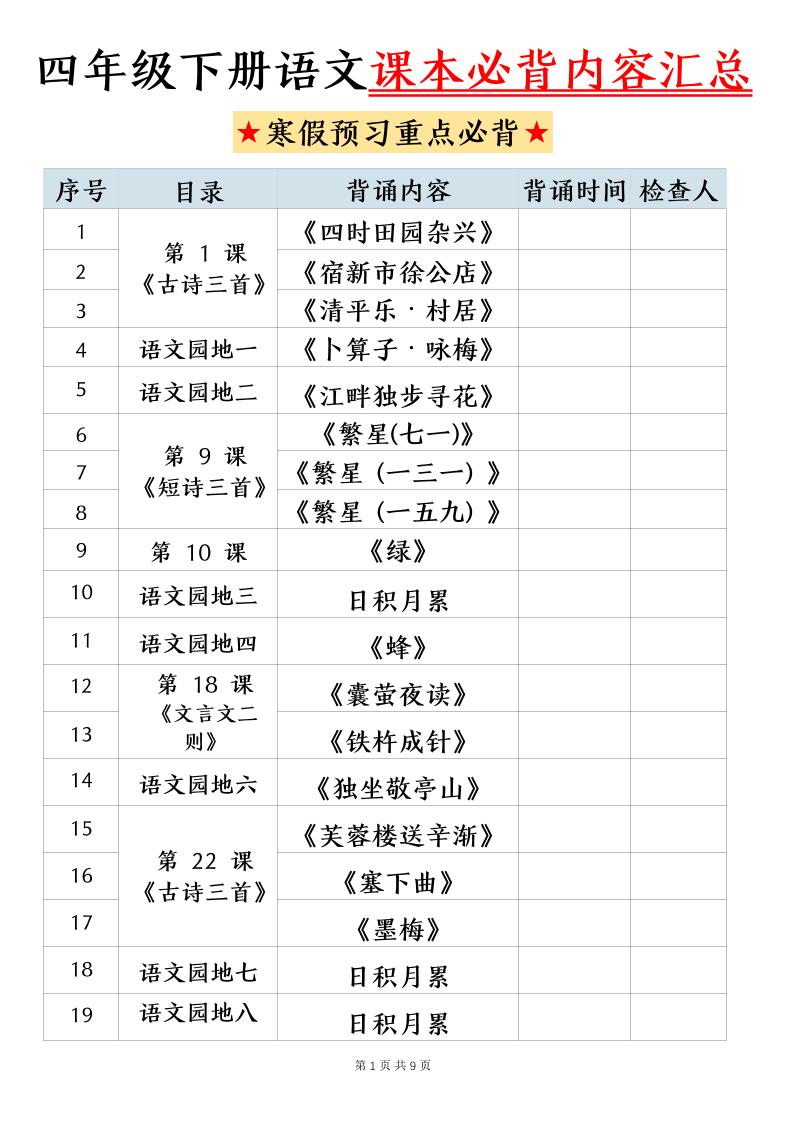 【课本必背内容汇总】四下语文_练习题|试卷|知识点|复习提纲