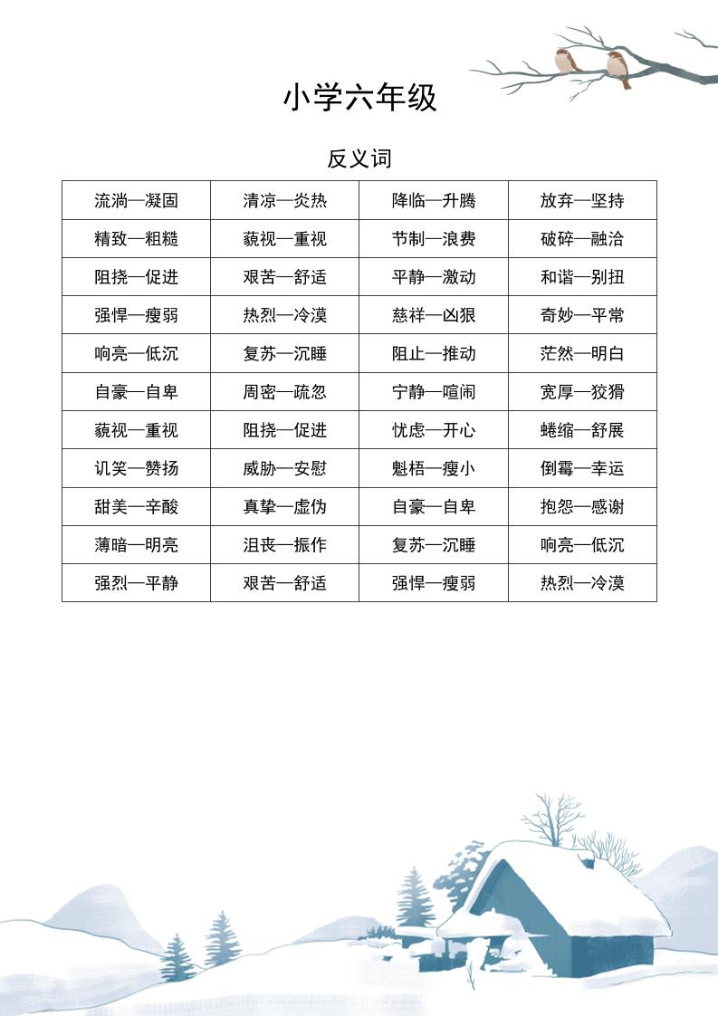 【近义词和反义词汇总】六下语文_练习题|试卷|知识点|复习提纲