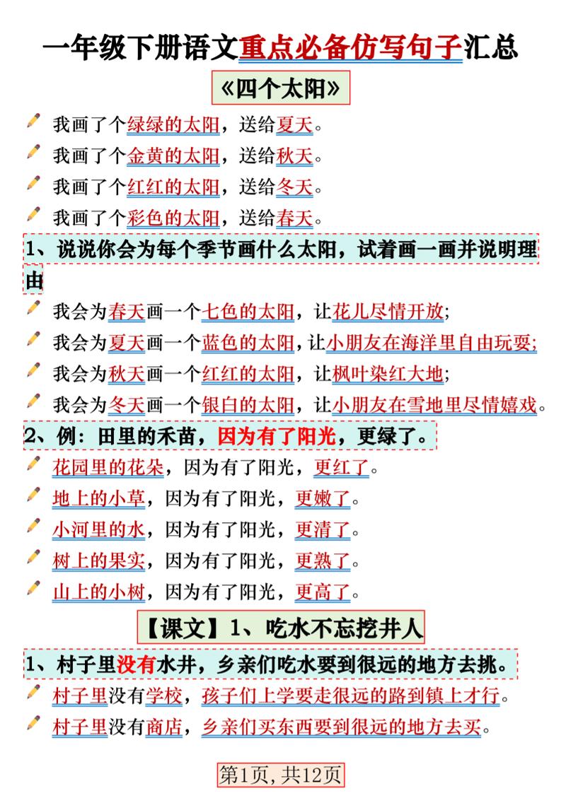 【重点必备仿写句子汇总】一下语文_练习题|试卷|知识点|复习提纲