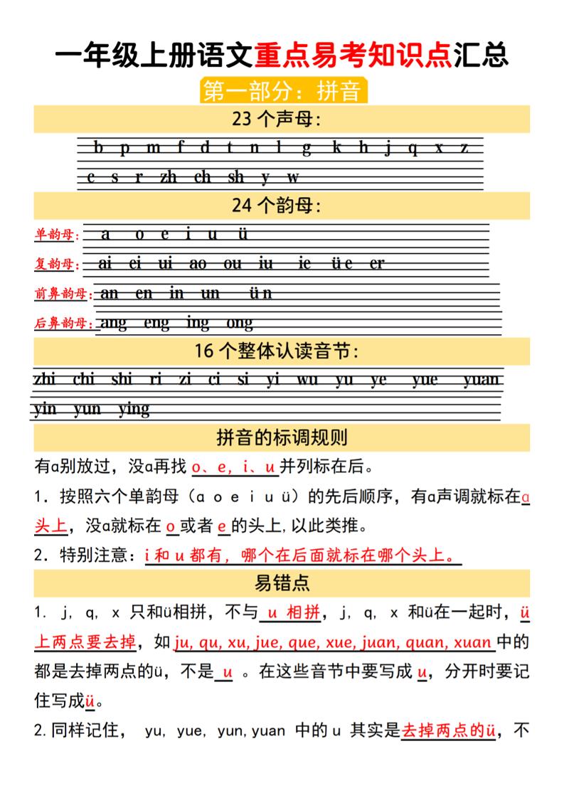 一上【一上语文人教版】一年级上册语文重点易考知识点汇总_练习题|试卷|知识点|复习提纲
