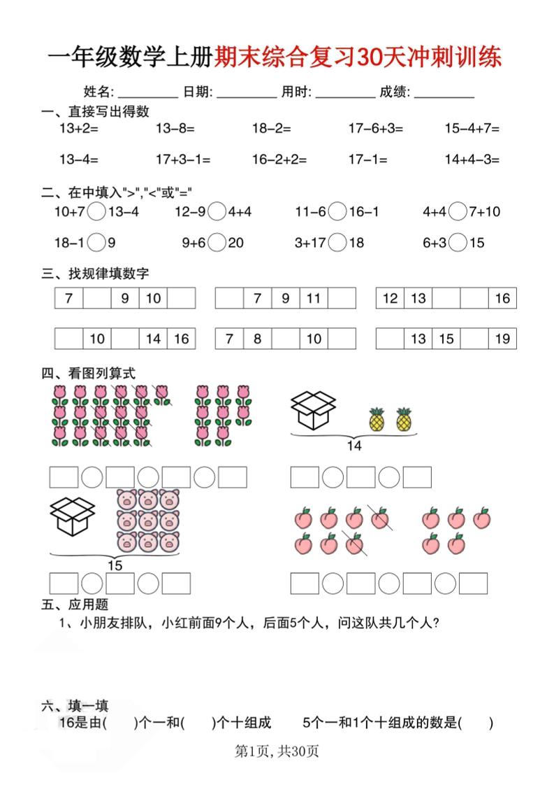 一上一上数学【期末综合复习30天冲刺训练（30页）】_练习题|试卷|知识点|复习提纲
