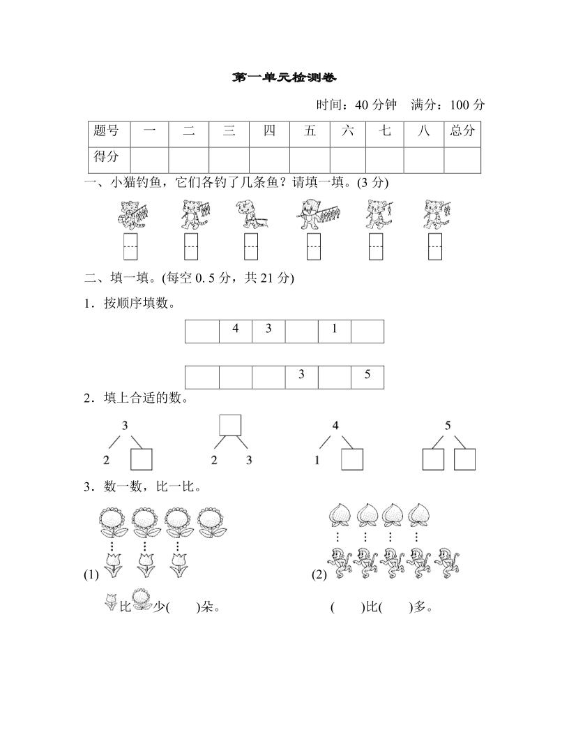 一上人教版数学【2024秋-第一单元测试卷6】_练习题|试卷|知识点|复习提纲