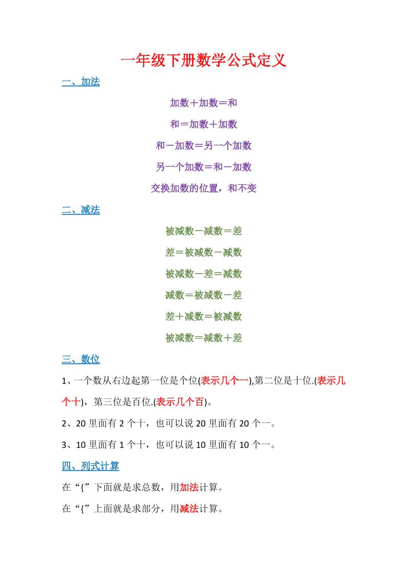 一下数学【公式定义】_练习题|试卷|知识点|复习提纲