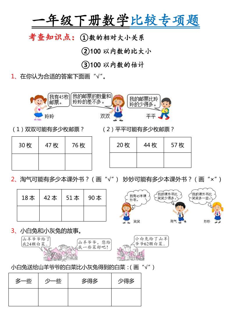 一下数学【比较专项练习】_练习题|试卷|知识点|复习提纲