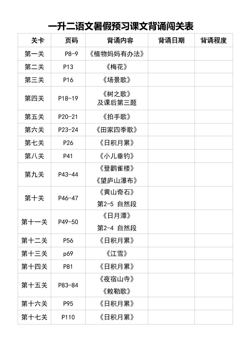 一升二语文【暑假预习课文背诵闯关表】_练习题|试卷|知识点|复习提纲