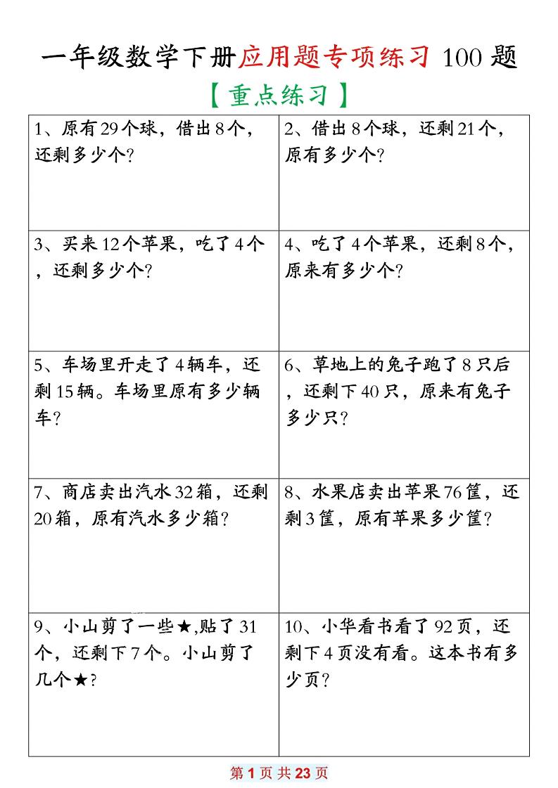 一年级下册数学应用题专项练习100题_练习题|试卷|知识点|复习提纲
