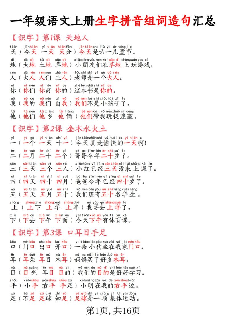一年级语文上册生字拼音组词造句汇总_练习题|试卷|知识点|复习提纲