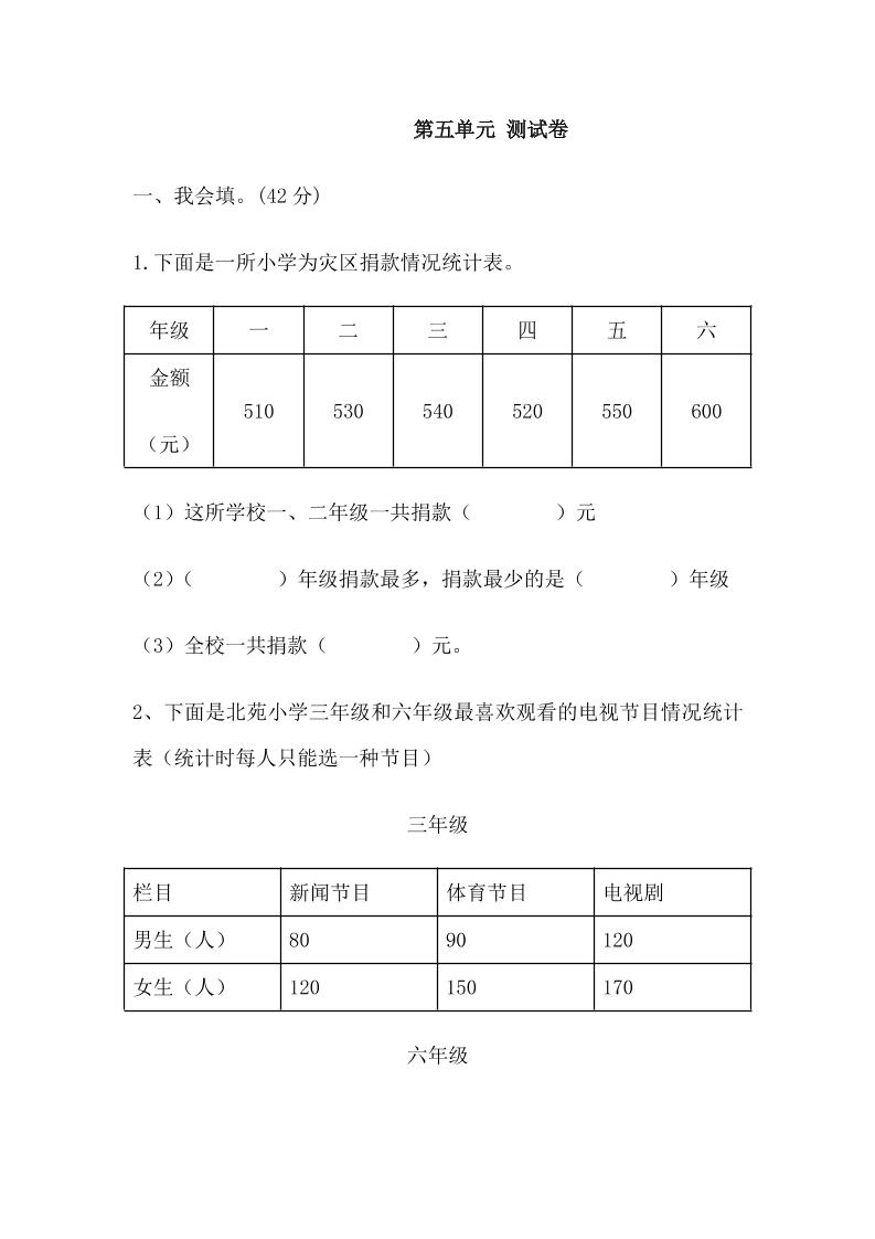 三下冀教版数学【第五单元测试卷.1】_练习题|试卷|知识点|复习提纲