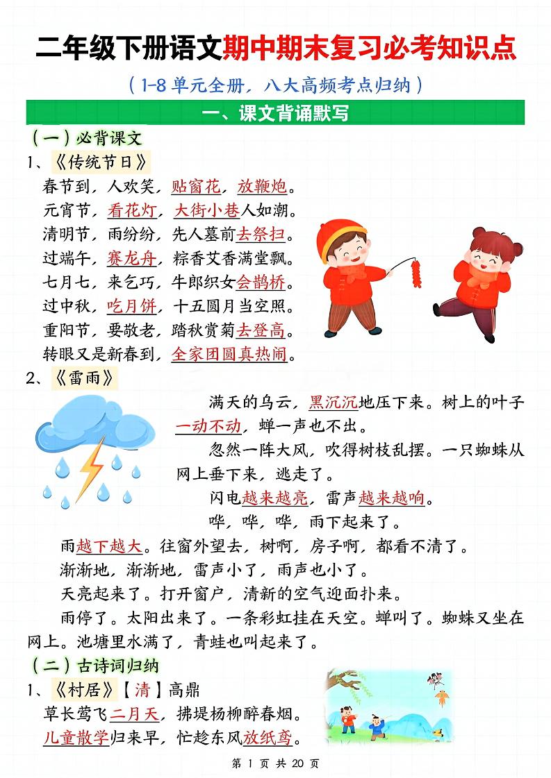 二下语文单元全册八大高频考点归纳_练习题|试卷|知识点|复习提纲