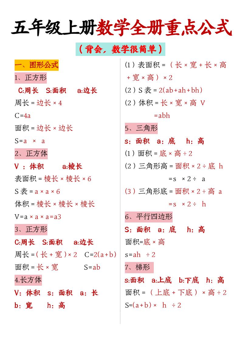 五上数学【全册重点公式】_练习题|试卷|知识点|复习提纲