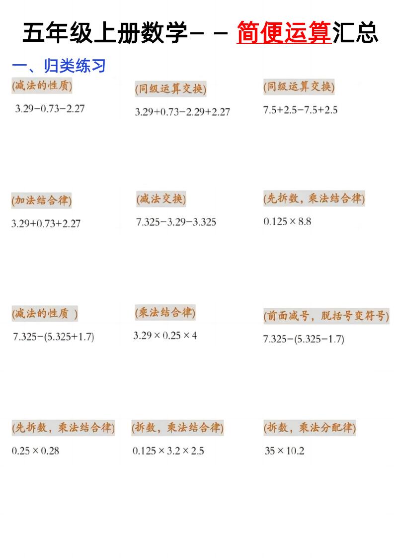 五上数学【简便运算汇总】_练习题|试卷|知识点|复习提纲