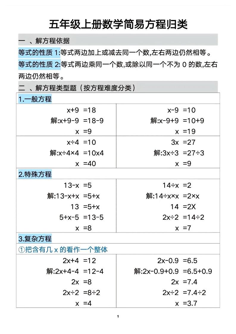 五上数学【简易方程归类练习】_练习题|试卷|知识点|复习提纲