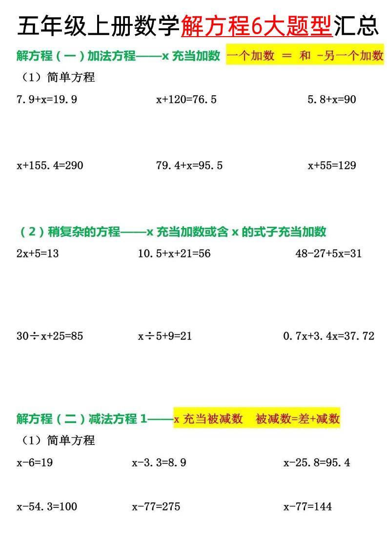 五上数学【解方程6大题型汇总】_练习题|试卷|知识点|复习提纲