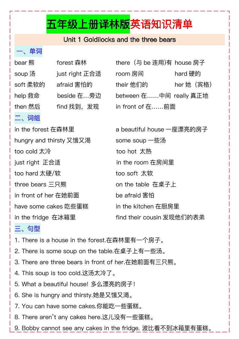 五上译林版英语【知识清单】_练习题|试卷|知识点|复习提纲