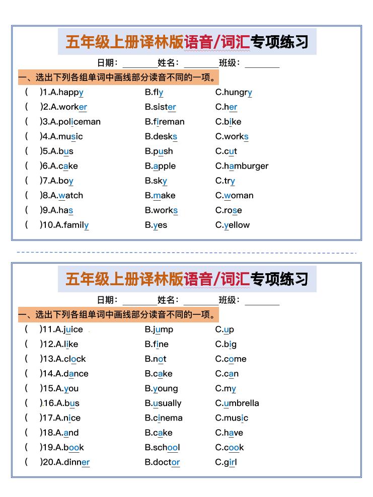 五上译林版英语【语音-词汇专项小纸条】_练习题|试卷|知识点|复习提纲