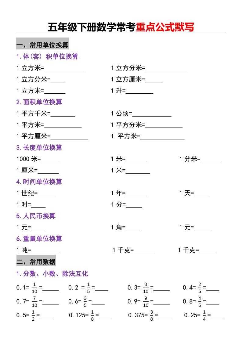 五下数学【常考重点公式默写】_练习题|试卷|知识点|复习提纲