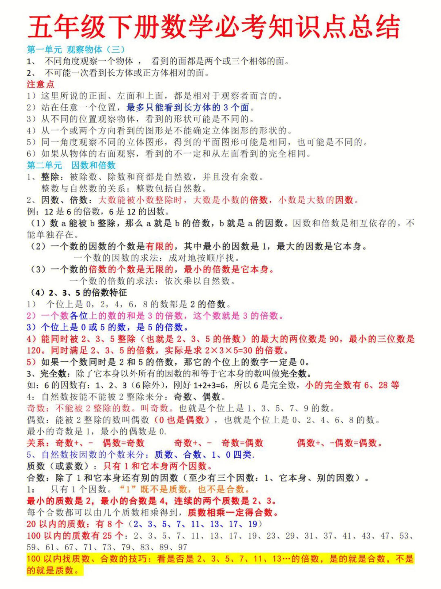 五下数学【必考知识点总结】_练习题|试卷|知识点|复习提纲