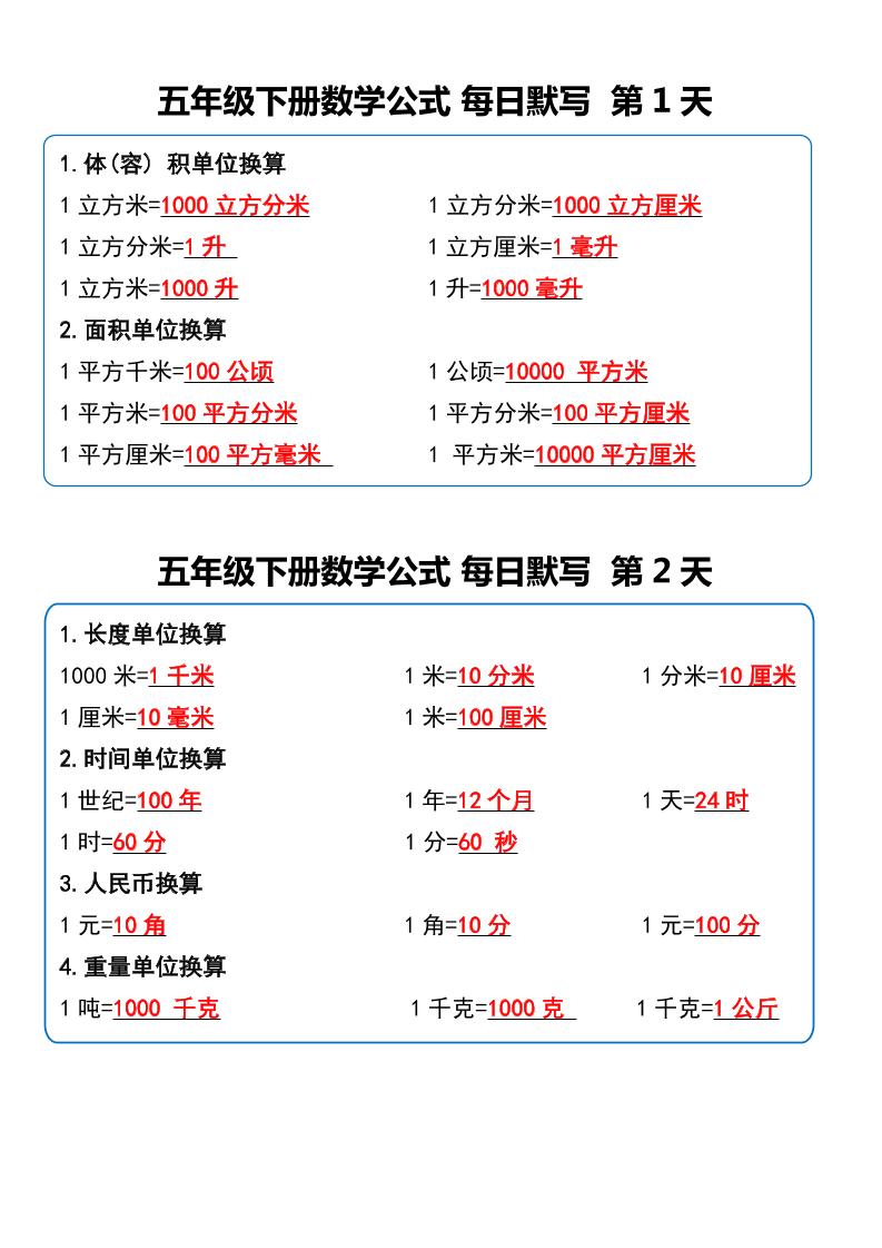 五下数学【必背公式每日默写小纸条】_练习题|试卷|知识点|复习提纲