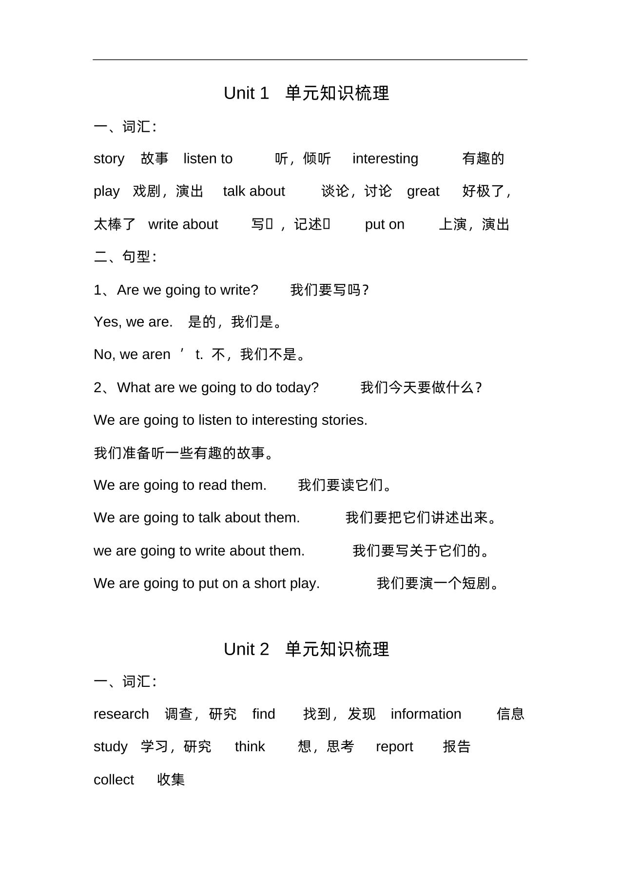 五下湘少版英语【全册单元知识梳理】_练习题|试卷|知识点|复习提纲