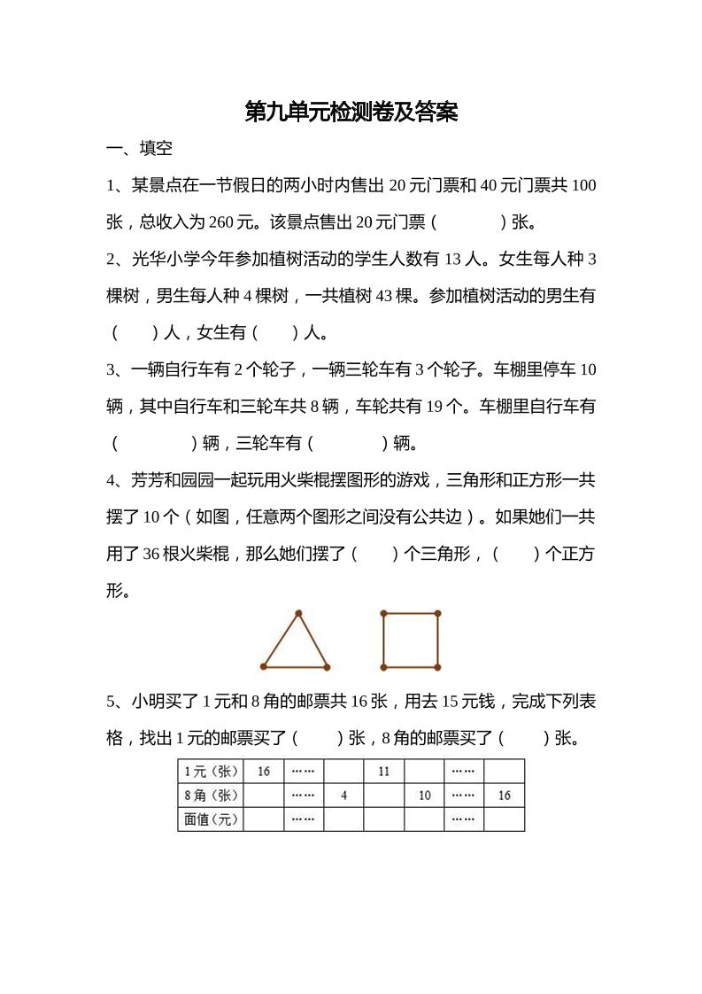 全易通数学人教版四年级下第九单元测试题_练习题|试卷|知识点|复习提纲