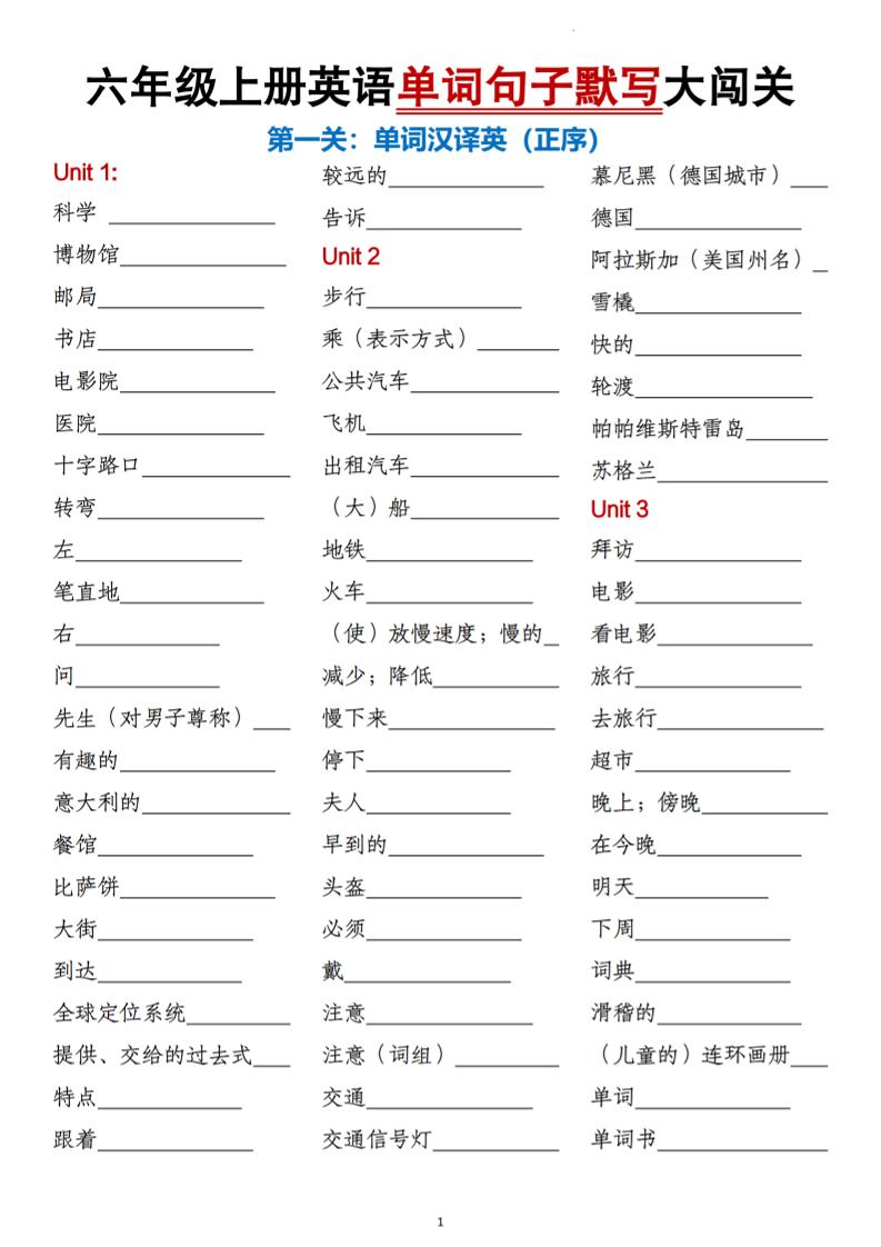 六上人教PEP版英语【单词句子默写大闯关】_练习题|试卷|知识点|复习提纲