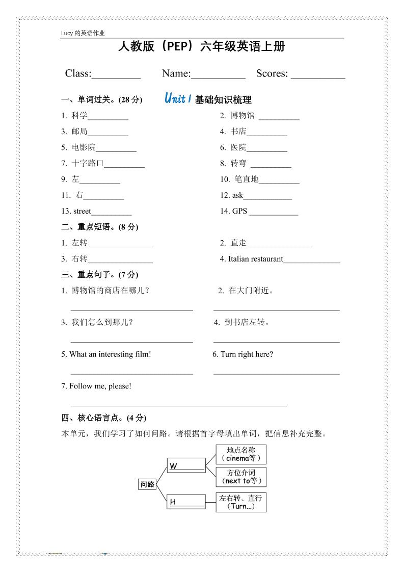 六上人教PEP版英语【单词短语句型默写专练】_练习题|试卷|知识点|复习提纲