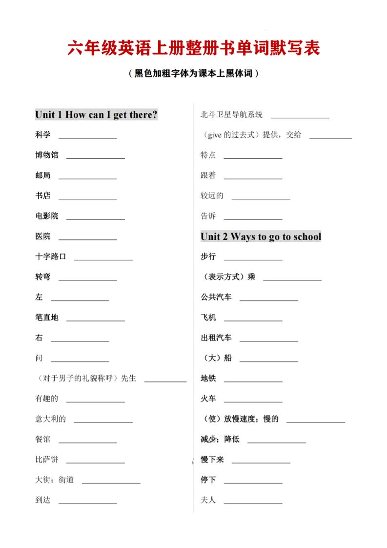 六上人教PEP版英语【整册书单词默写表】_练习题|试卷|知识点|复习提纲