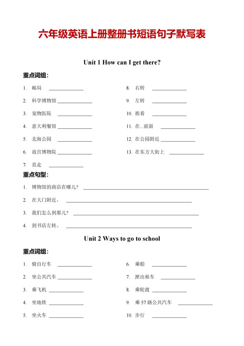 六上人教PEP版英语【整册书短语句子默写表】_练习题|试卷|知识点|复习提纲