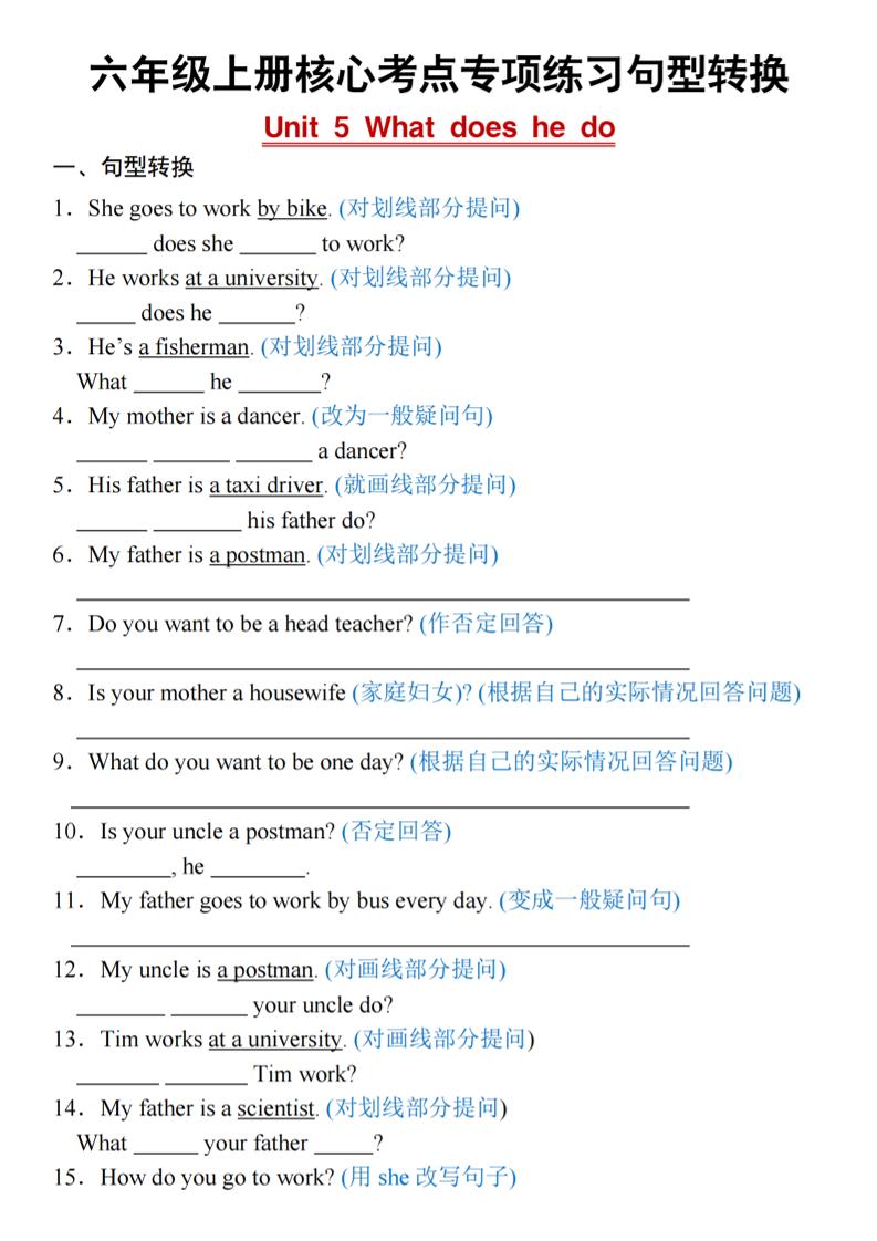 六上人教PEP版英语【核心考点专项练习句型转换Unit5Whatdoeshedo】_练习题|试卷|知识点|复习提纲