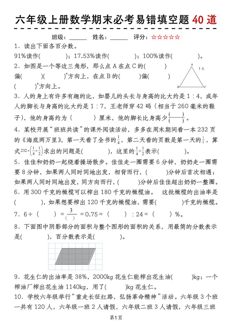 六上人教版数学【期末必考易错填空题40道】_练习题|试卷|知识点|复习提纲