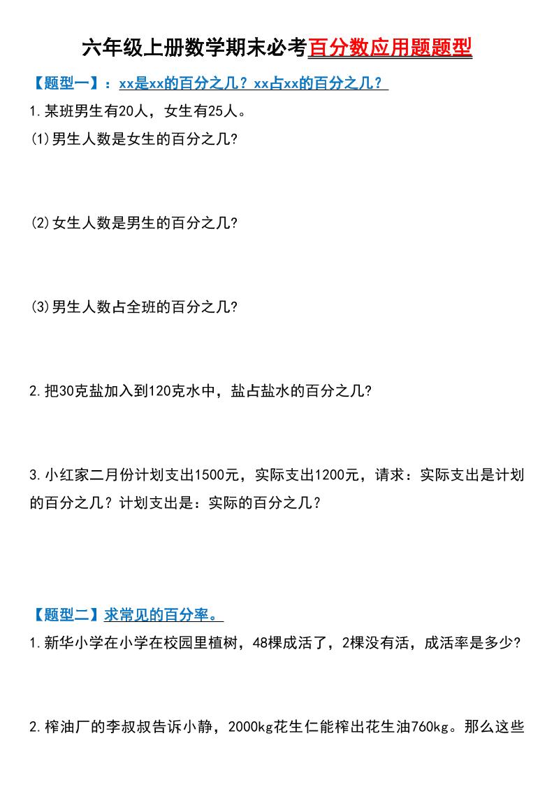 六上数学【期末必考百分数应用题题型】_练习题|试卷|知识点|复习提纲