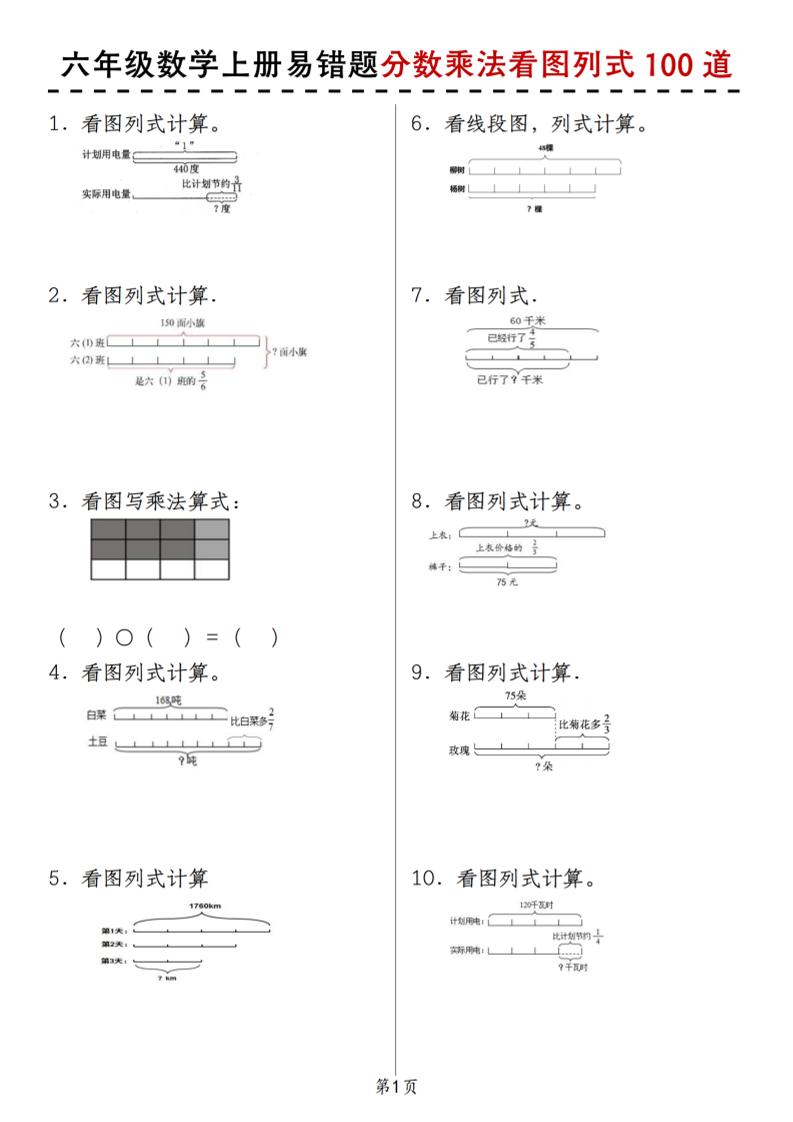 六上苏教版数学【易错题分数乘法看图列式100道】_练习题|试卷|知识点|复习提纲