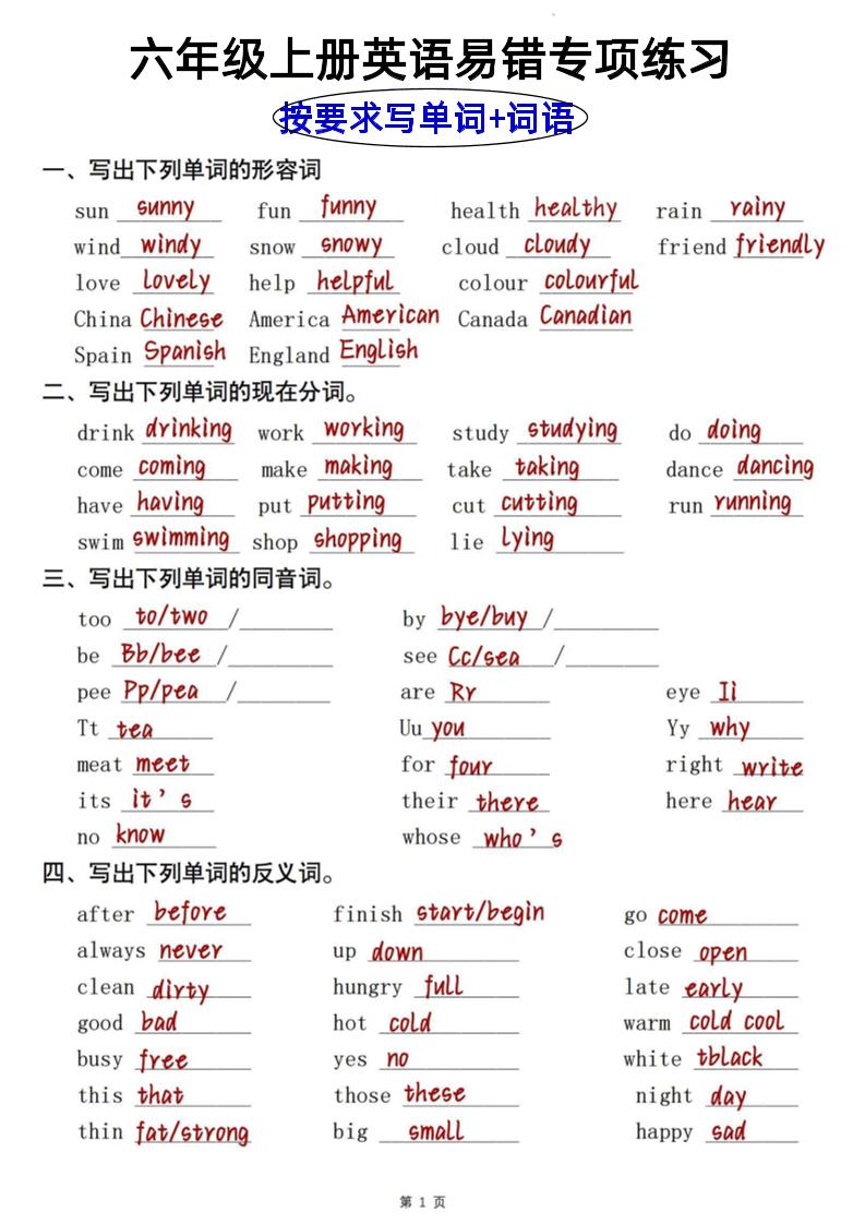 六上英语【易错专项练习】_练习题|试卷|知识点|复习提纲