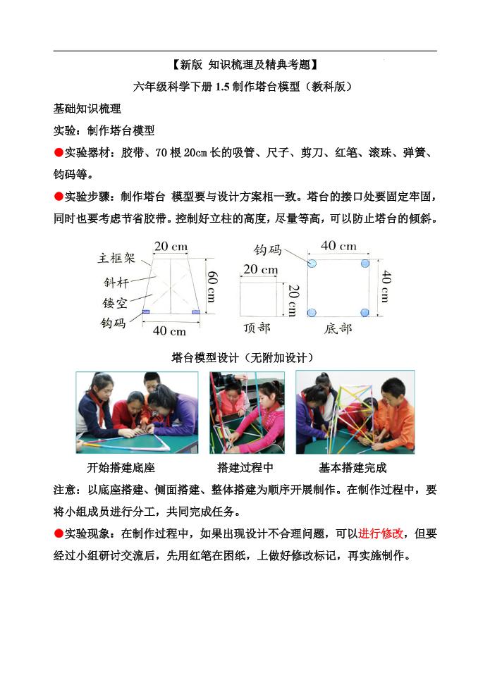 六下【新版+知识梳理及精典考题】六年级科学下册1.5制作塔台模型（教科版）_练习题|试卷|知识点|复习提纲