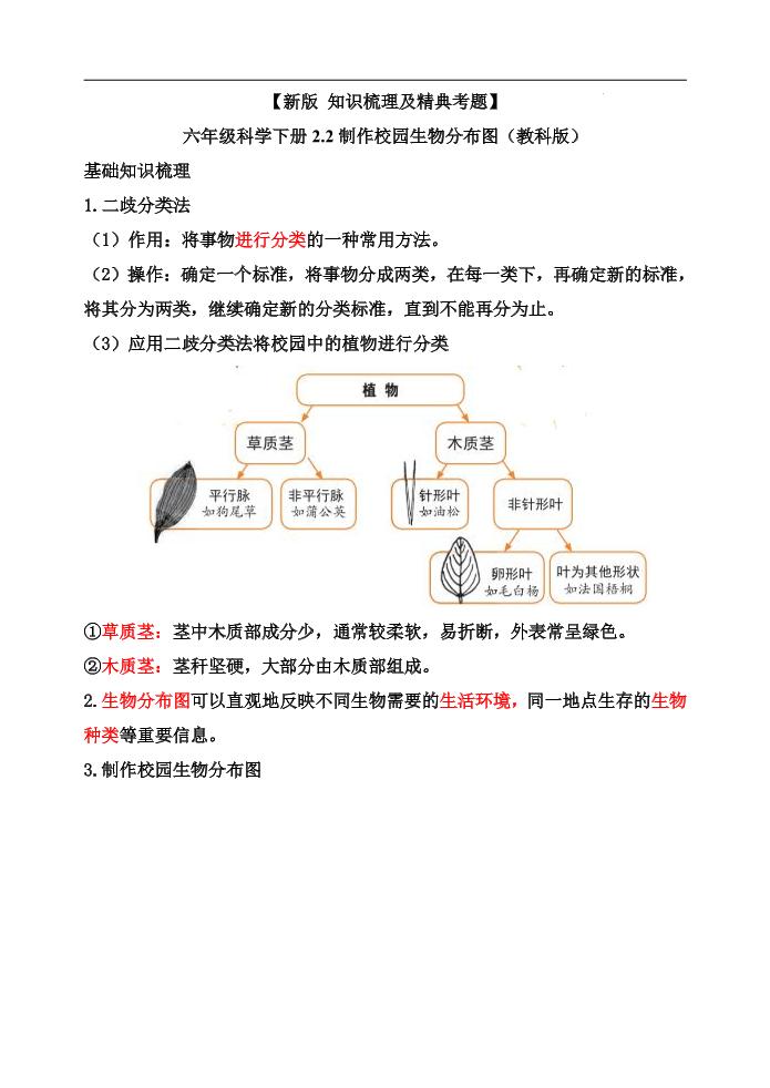 六下【新版+知识梳理及精典考题】六年级科学下册2.2制作校园生物分布图（教科版）_练习题|试卷|知识点|复习提纲