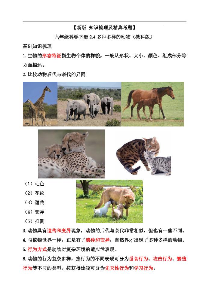 六下【新版+知识梳理及精典考题】六年级科学下册2.4多种多样的动物（教科版）_练习题|试卷|知识点|复习提纲