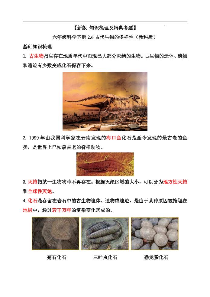 六下【新版+知识梳理及精典考题】六年级科学下册2.6古代生物的多样性（教科版）_练习题|试卷|知识点|复习提纲