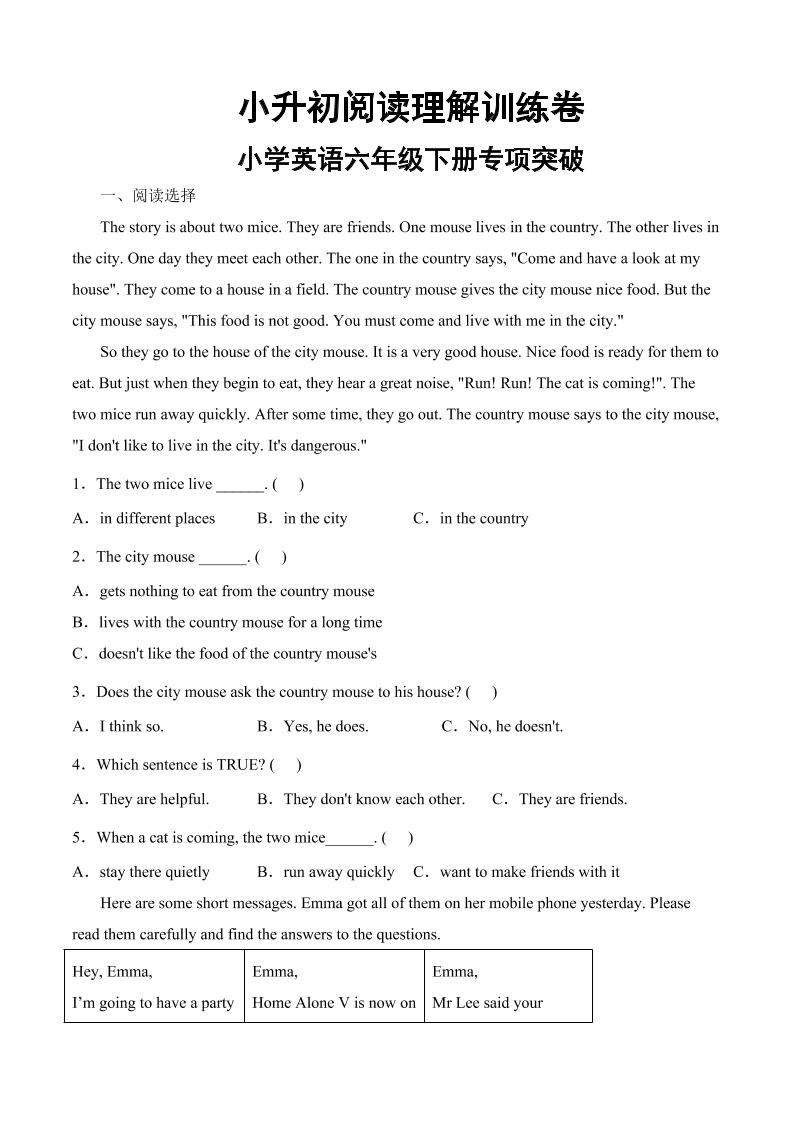 六下丨英语小升初阅读理解训练卷（通用版）docx_练习题|试卷|知识点|复习提纲