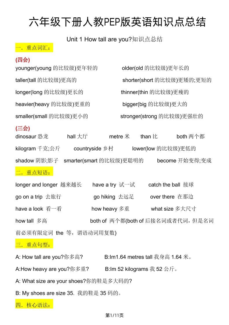 六下人教PEP版英语【单元知识点总结】_练习题|试卷|知识点|复习提纲