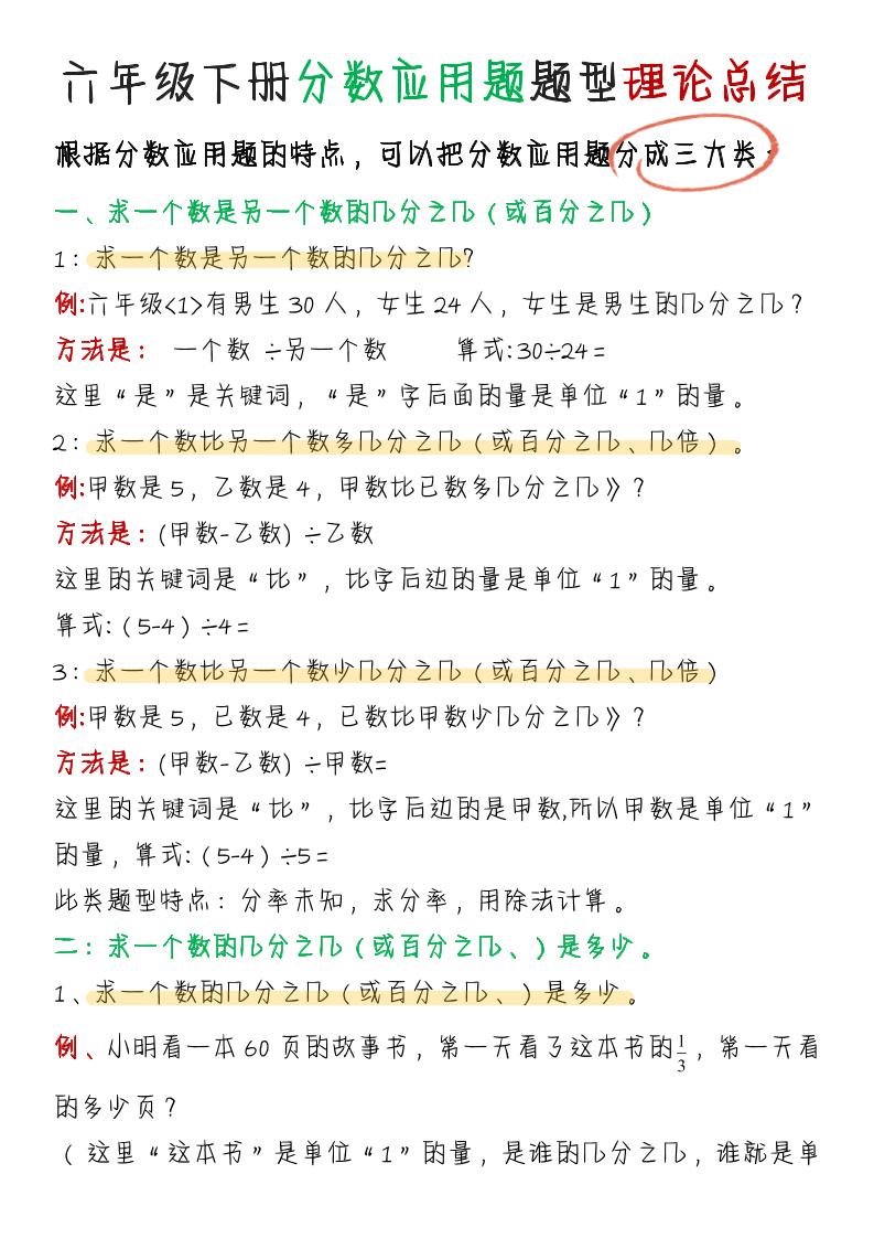 六下北师版数学【分数应用题题型理论总结】_练习题|试卷|知识点|复习提纲