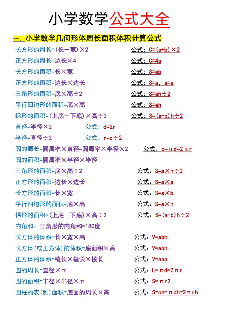 六下数学【必背重点公式】_练习题|试卷|知识点|复习提纲