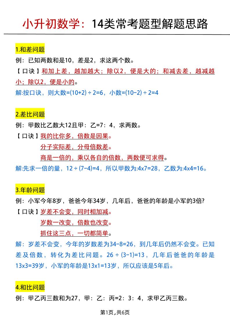 六下数学总复习小升初数学14类常考题型解题思路_练习题|试卷|知识点|复习提纲