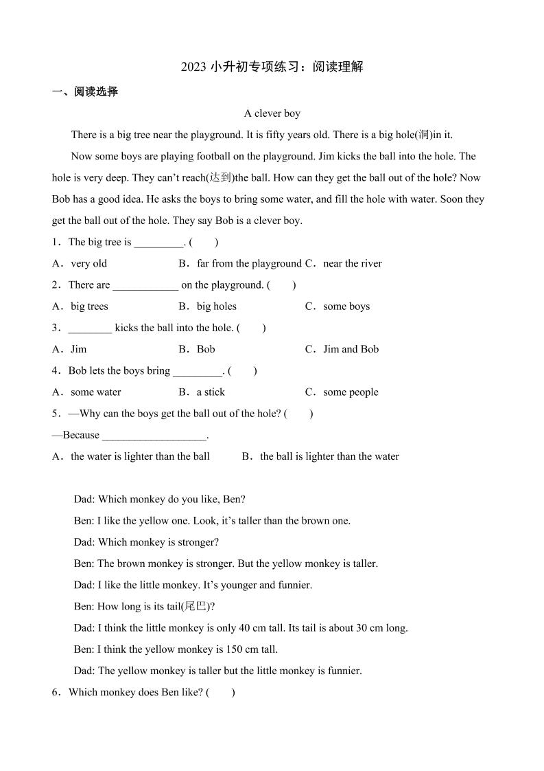 六下英语总复习专项03阅读理解_练习题|试卷|知识点|复习提纲