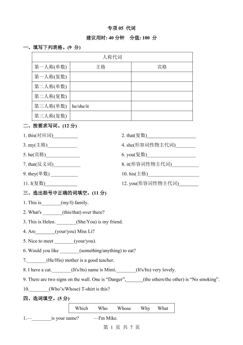 六下英语总复习专项05代词_练习题|试卷|知识点|复习提纲