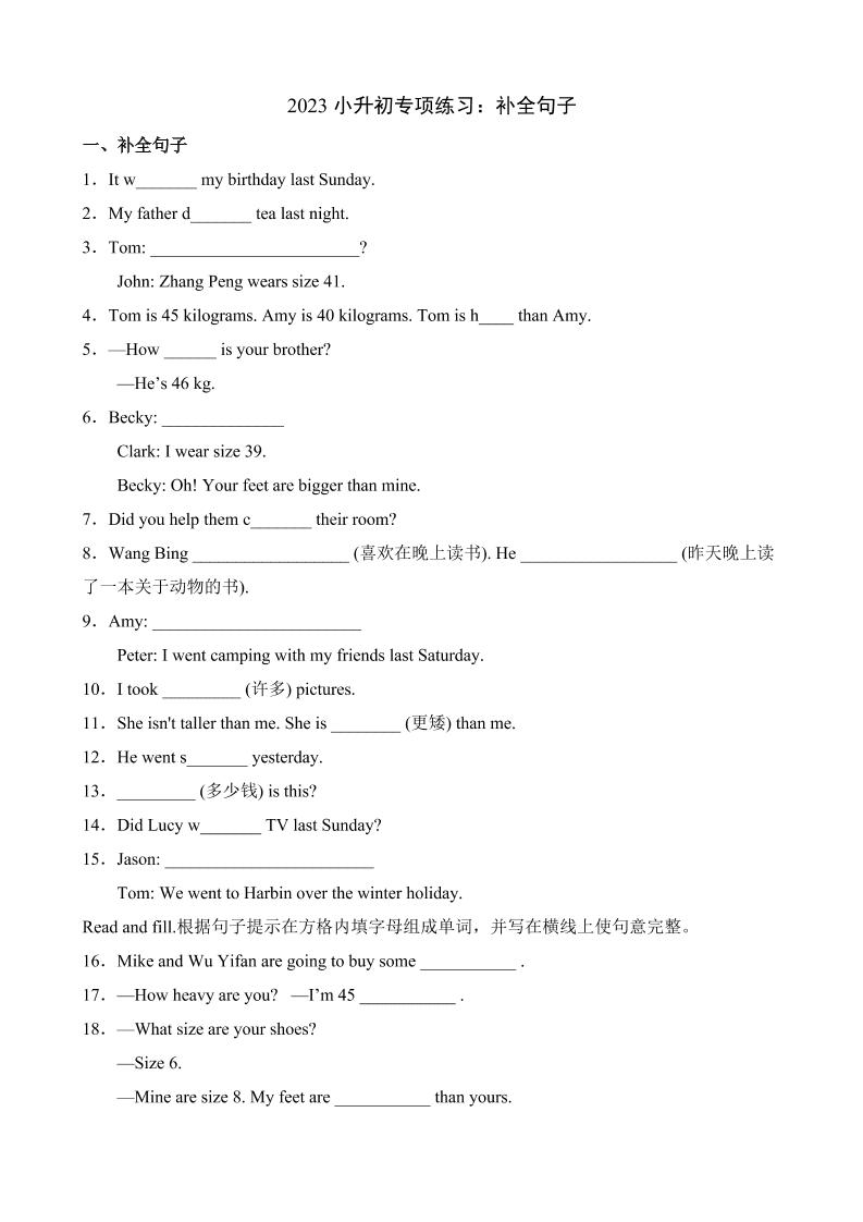 六下英语总复习专项05补全句子_练习题|试卷|知识点|复习提纲