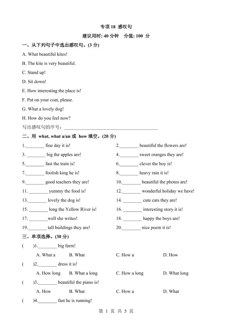 六下英语总复习专项18感叹句_练习题|试卷|知识点|复习提纲