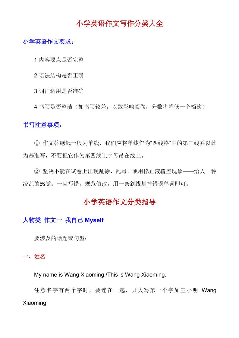 六下英语总复习小学英语作文写作分类大全_练习题|试卷|知识点|复习提纲