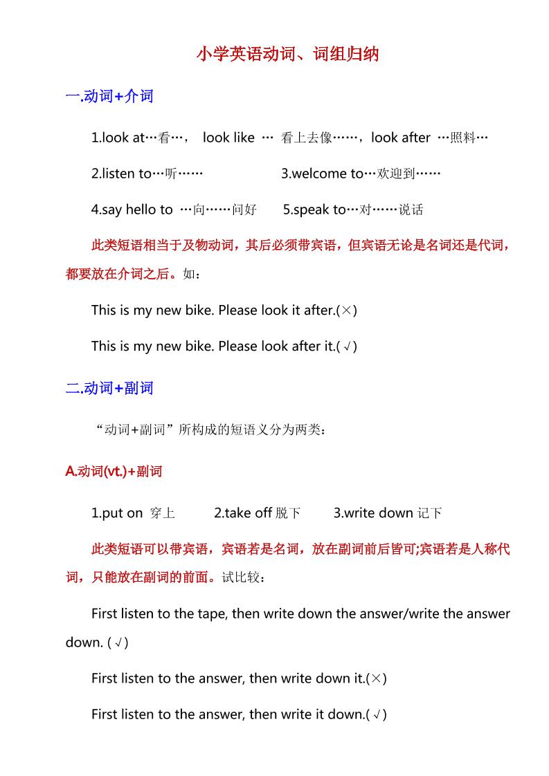 六下英语总复习小学英语动词、词组归纳_练习题|试卷|知识点|复习提纲