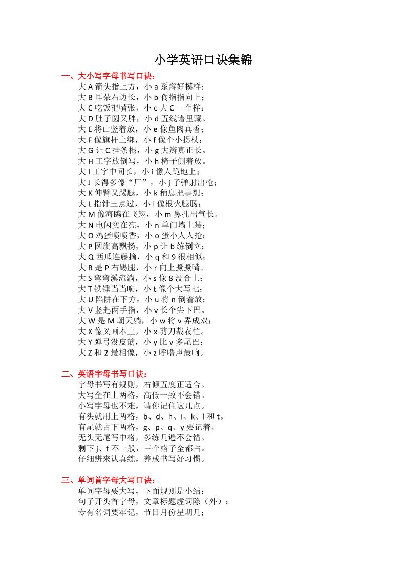 六下英语总复习小学英语口诀集锦_练习题|试卷|知识点|复习提纲